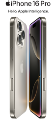 Apple iPhone 16 Pro in Natural Titanium.  Hello, Apple Intelligence.